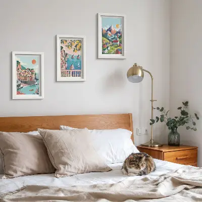 Juego de 3 cuadros decorativos de paisajes montañosos coloridos y ciudades costeras