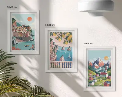 Juego de 3 cuadros decorativos de paisajes montañosos coloridos y ciudades costeras