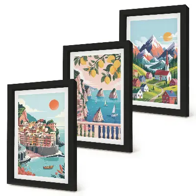 Juego de 3 cuadros decorativos de paisajes montañosos coloridos y ciudades costeras