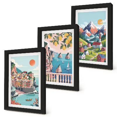 Juego de 3 cuadros decorativos Paisajes montañosos coloridos y ciudades costeras