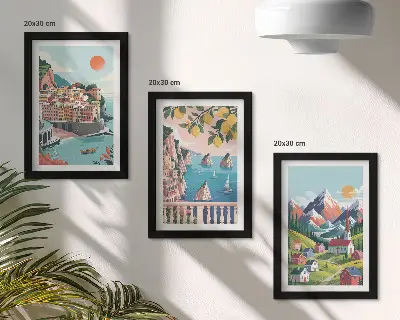 Juego de 3 cuadros decorativos de paisajes montañosos coloridos y ciudades costeras