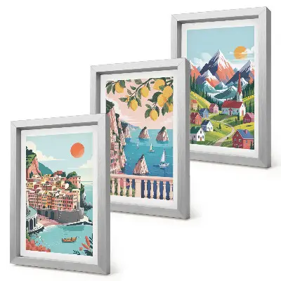 Juego de 3 cuadros decorativos de paisajes montañosos coloridos y ciudades costeras