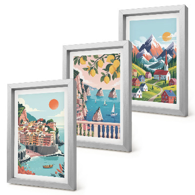 Juego de 3 cuadros decorativos Paisajes montañosos coloridos y ciudades costeras