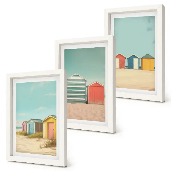 Juego de 3 cuadros decorativos con diseño de casas de playa coloridas bajo el sol de verano
