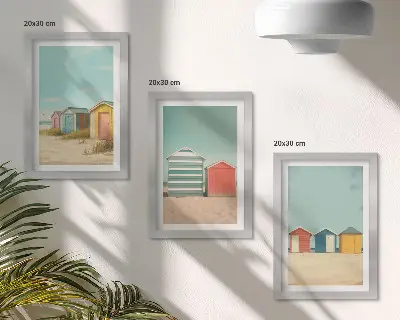 Juego de 3 cuadros decorativos con diseño de casas de playa coloridas bajo el sol de verano
