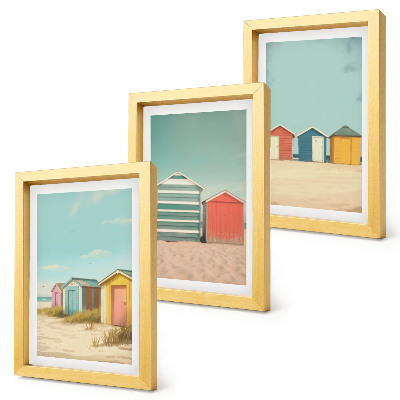 Juego de 3 cuadros decorativos Casas de playa coloridas bajo el sol de verano.