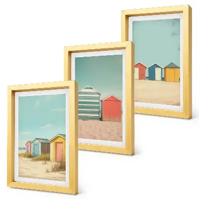 Juego de 3 cuadros decorativos con diseño de casas de playa coloridas bajo el sol de verano