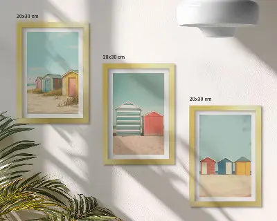 Juego de 3 cuadros decorativos con diseño de casas de playa coloridas bajo el sol de verano