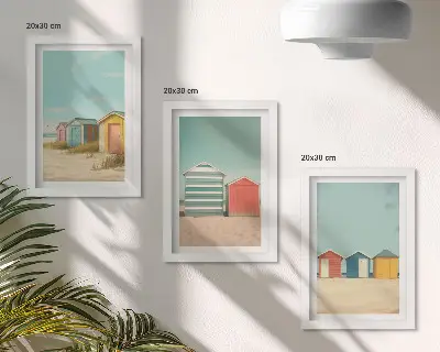 Juego de 3 cuadros decorativos con diseño de casas de playa coloridas bajo el sol de verano