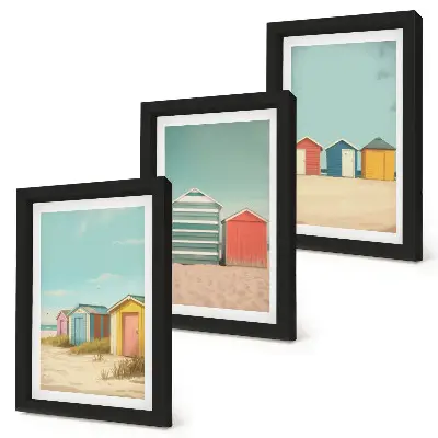Juego de 3 cuadros decorativos con diseño de casas de playa coloridas bajo el sol de verano