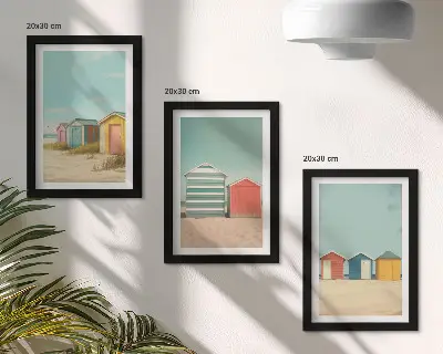 Juego de 3 cuadros decorativos con diseño de casas de playa coloridas bajo el sol de verano