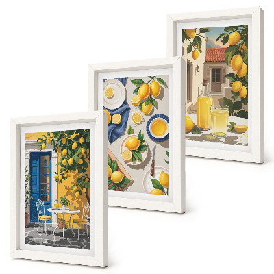 Tríptico enmarcado Jardín de limones con limones y bebidas en la mesa.