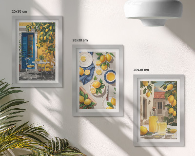 Tríptico enmarcado Jardín de limones con limones y bebidas en la mesa.