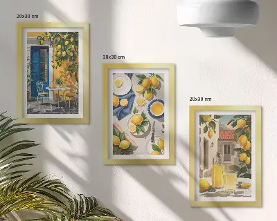 Tríptico enmarcado jardín con limones y bebidas sobre la mesa