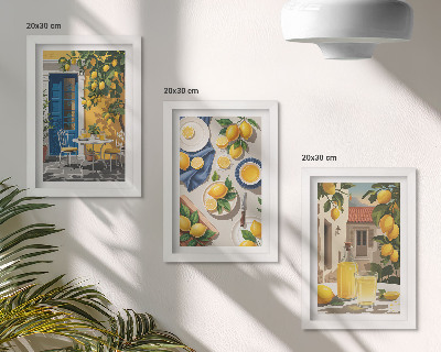 Tríptico enmarcado Jardín de limones con limones y bebidas en la mesa.