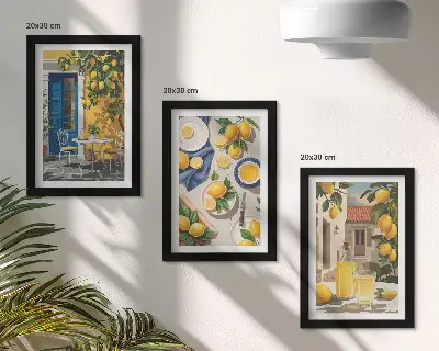 Tríptico enmarcado jardín con limones y bebidas sobre la mesa