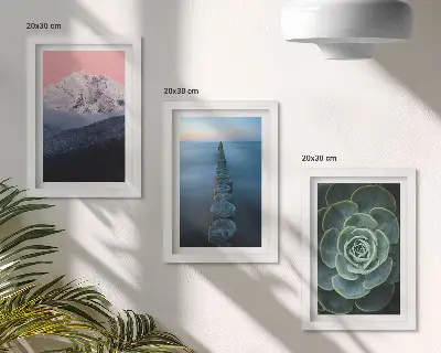 Tríptico enmarcado con diseño de montañas, cielo rosado, agua y suculentas verdes