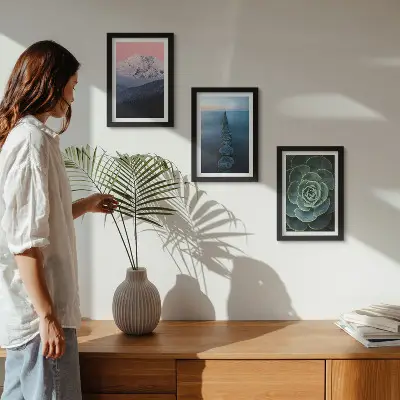 Tríptico enmarcado con diseño de montañas, cielo rosado, agua y suculentas verdes