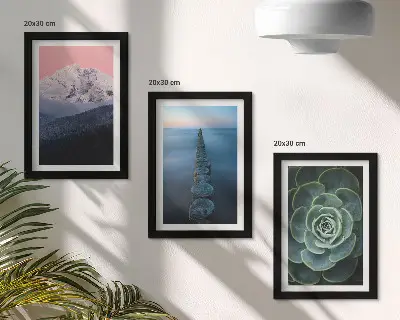 Tríptico enmarcado con diseño de montañas, cielo rosado, agua y suculentas verdes