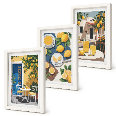 Juego de 3 cuadros decorativos Limonada con vistas italianas y un patio al sol.