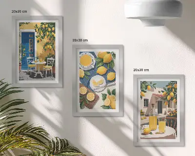 Juego de 3 cuadros decorativos de limonada con vistas italianas y patio al sol