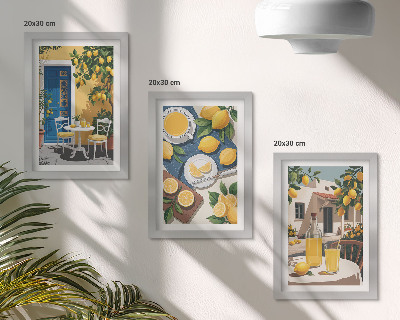 Juego de 3 cuadros decorativos Limonada con vistas italianas y un patio al sol.