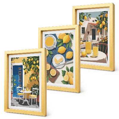 Juego de 3 cuadros decorativos Limonada con vistas italianas y un patio al sol.