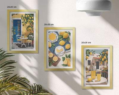 Juego de 3 cuadros decorativos Limonada con vistas italianas y un patio al sol.