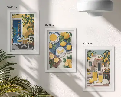 Juego de 3 cuadros decorativos de limonada con vistas italianas y patio al sol