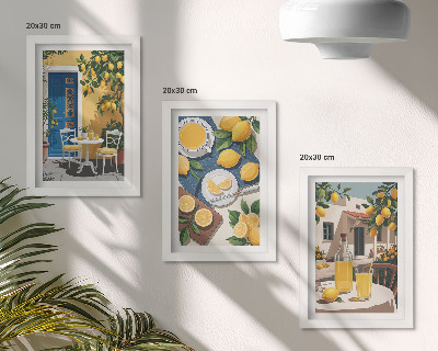 Juego de 3 cuadros decorativos Limonada con vistas italianas y un patio al sol.
