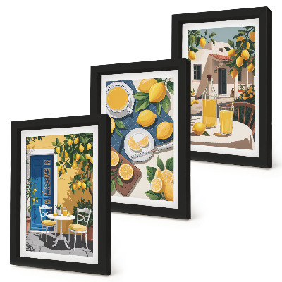 Juego de 3 cuadros decorativos Limonada con vistas italianas y un patio al sol.