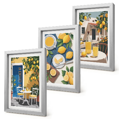 Juego de 3 cuadros decorativos Limonada con vistas italianas y un patio al sol.