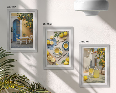 Tríptico enmarcado limones limonada puertas azules vistas de verano