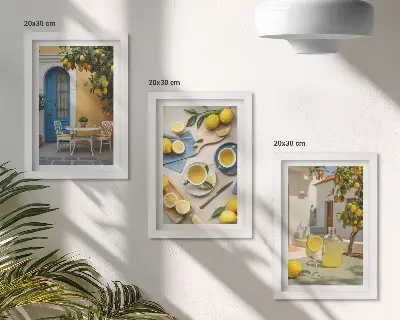 Tríptico enmarcado con diseño de limones, limonada, puertas azules y vistas de verano