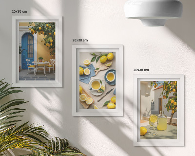 Tríptico enmarcado limones limonada puertas azules vistas de verano