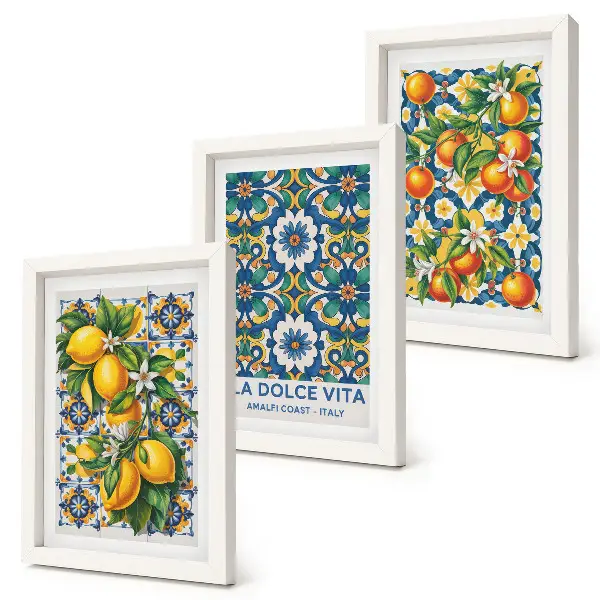 Juego de 3 cuadros decorativos con motivos cítricos y estampados abstractos coloridos