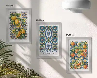 Juego de 3 cuadros decorativos con motivos cítricos y estampados abstractos coloridos