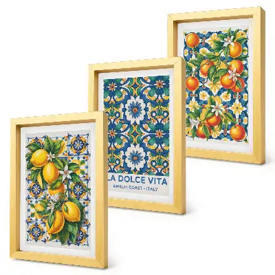 Juego de 3 cuadros decorativos con motivos cítricos y estampados abstractos coloridos