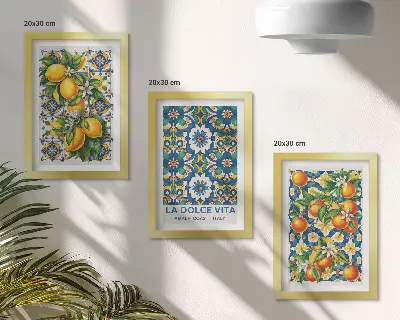 Juego de 3 cuadros decorativos con motivos cítricos y estampados abstractos coloridos