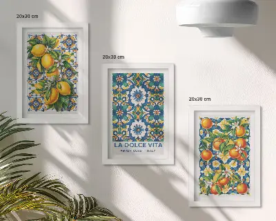 Juego de 3 cuadros decorativos con motivos cítricos y estampados abstractos coloridos