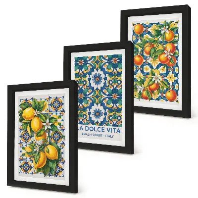 Juego de 3 cuadros decorativos con motivos cítricos y estampados abstractos coloridos