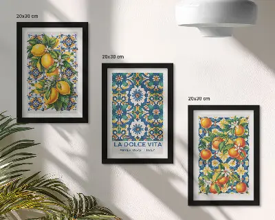 Juego de 3 cuadros decorativos con motivos cítricos y estampados abstractos coloridos
