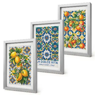 Juego de 3 cuadros decorativos con motivos cítricos y estampados abstractos coloridos