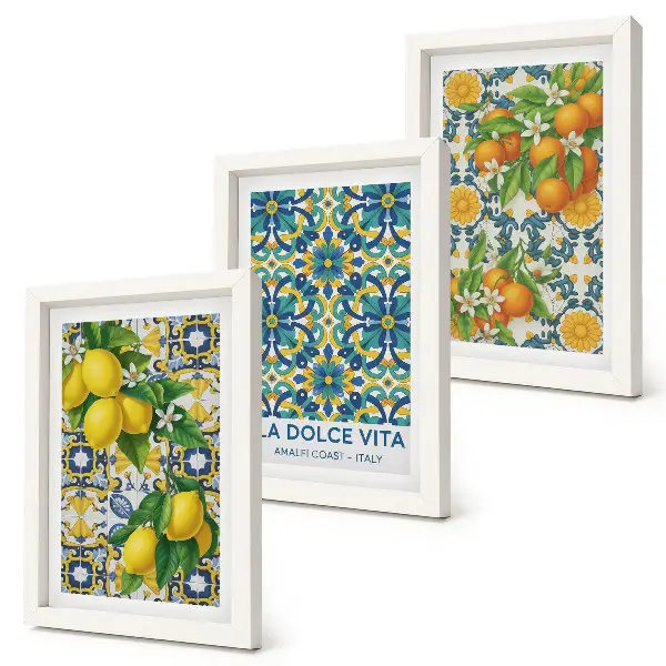 Tríptico de flores de limón y naranjas al estilo italiano enmarcado