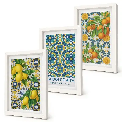 Tríptico de flores de limón y naranjas al estilo italiano enmarcado