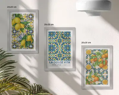 Tríptico de flores de limón y naranjas al estilo italiano enmarcado
