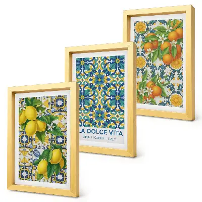 Tríptico de flores de limón y naranjas al estilo italiano enmarcado