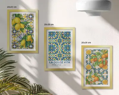 Tríptico de flores de limón y naranjas al estilo italiano enmarcado