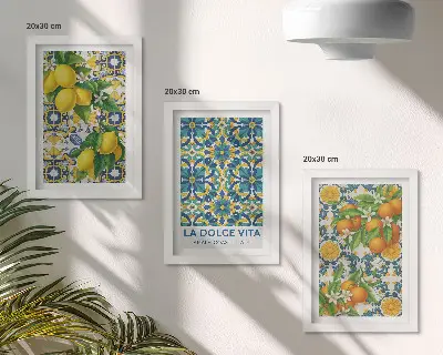 Tríptico de flores de limón y naranjas al estilo italiano enmarcado