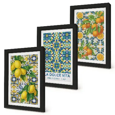 Tríptico de flores de limón y naranjas al estilo italiano enmarcado